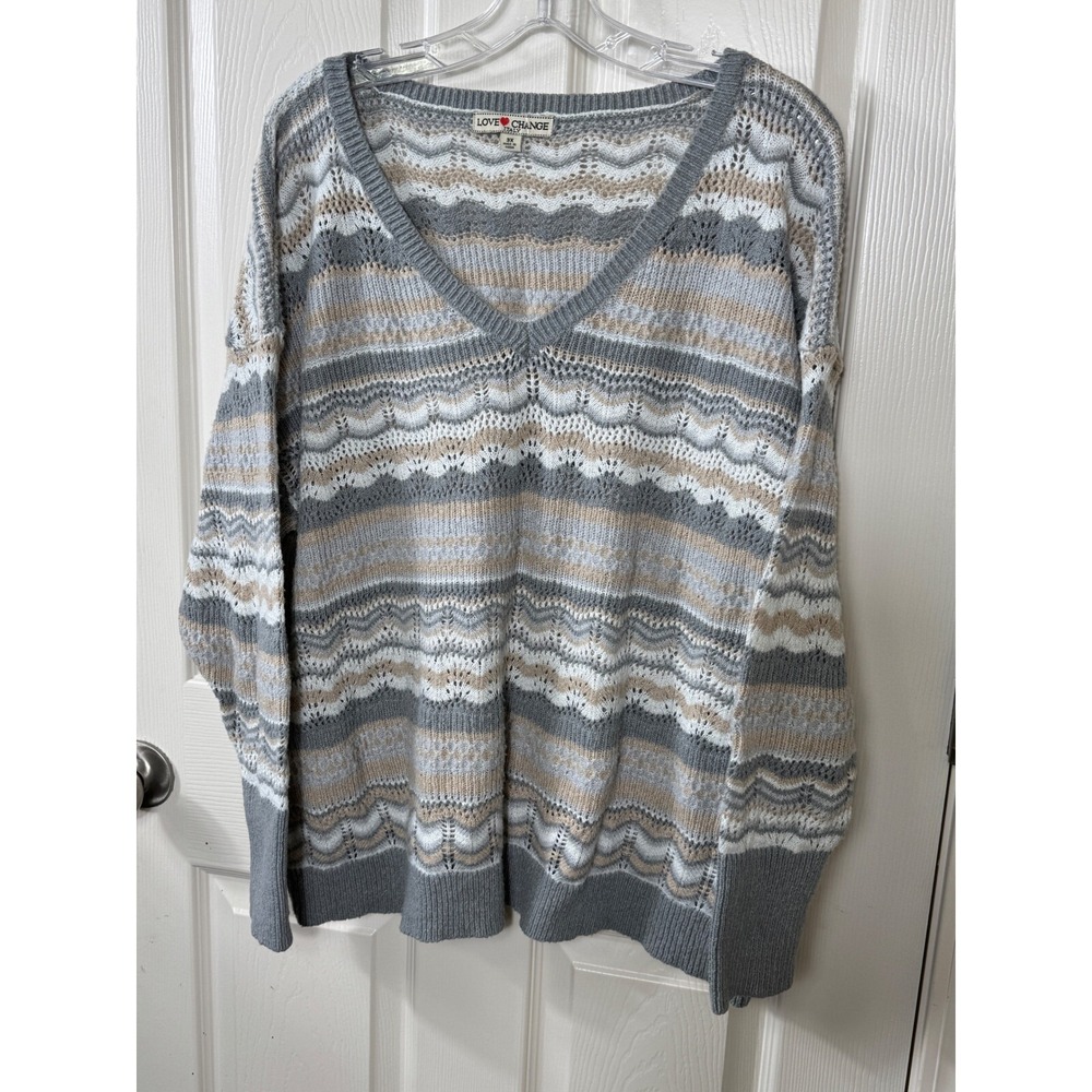 Love Change Italy V-Neck Sweater Striped Knit Pullover Comfy Chic Women's Sz 3X